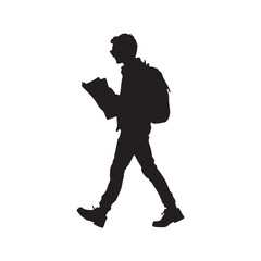 Silhouette of a Traveler Walking with Backpack and Map