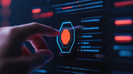 A hand interacts with a digital interface displaying geometric shapes and vibrant colors, suggesting advanced technology and user engagement.