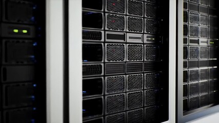 Close Up Shot of Multiple Black Server Racks with Flickering Lights in a Data Center Environment with Low Key Lighting and Reflections - Powered by Adobe