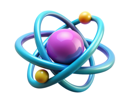 Atom model glossy render with orbiting electrons nuclear physics science education symbolic representation3d illustration isolated on transparent background