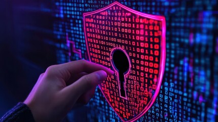 A hand interacts with a digital shield symbolizing cybersecurity, surrounded by binary code, highlighting themes of protection and data security.