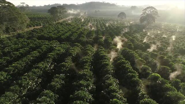 Aerial view of lush green coffee plantation at sunrise with mist and morning light