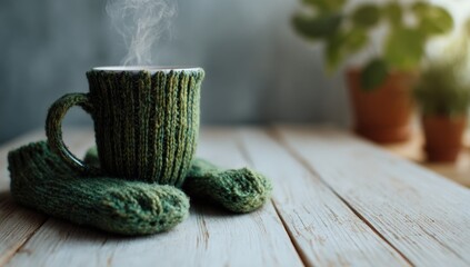 Cozy cup of steaming hot beverage on a wooden table