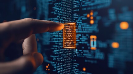 A hand interacts with a digital interface displaying binary code, symbolizing technology and connectivity.