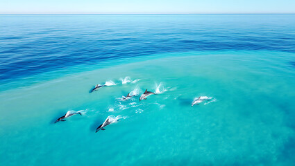 Pod of dolphins swimming in clear turquoise water from above