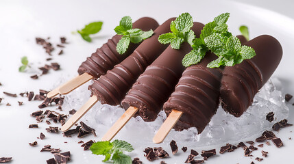 Chocolate popsicles arranged in a loose spiral, surrounded by miniature mint bouquets and scattered dark chocolate shavings, all resting on crushed ice over a reflective white base,