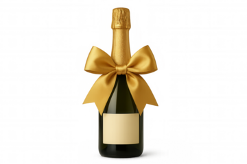 Champagne bottle wrapped with a golden ribbon, celebrating luxury success and special occasion gift concept
