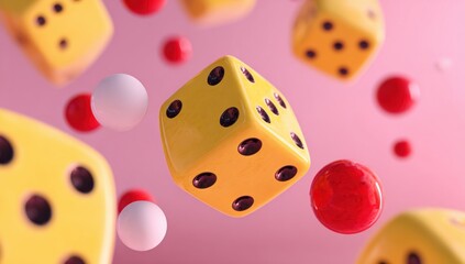 Floating yellow dice and spheres