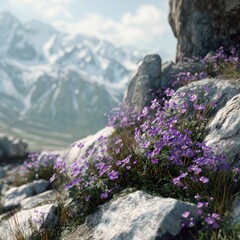 Rocky mountainside with purple wildflowers