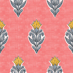 Indian block print seamless pattern with floral element. Simple flower print on red.