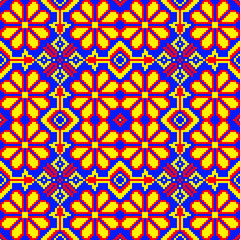 seamless geometric pattern
seamless geometric pattern with a bright color palette. The design features a bold combination of diamonds, sunbursts, and abstract floral motifs in blue, yellow, red, 