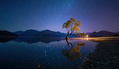 A solitary tree at night, reflected in a still lake, under a starry sky