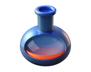 Blue round bottom flask with orange liquid for scientific experiments and research 3d illustration isolated on transparent background