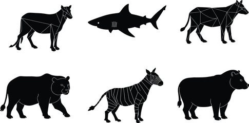 Set of animal vector silhouettes including shark, zebra, bear, hyena, and wild creatures, perfect for nature, wildlife, and design projects.