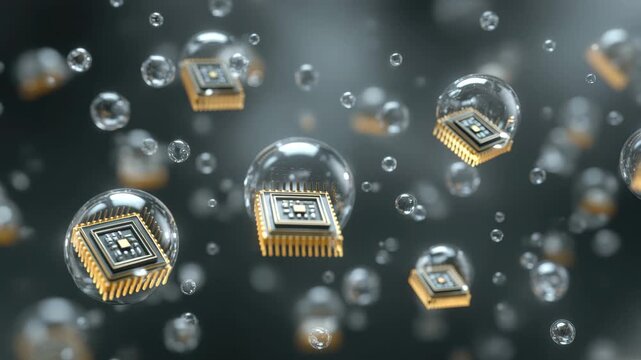A stunning view of computer chips floating inside transparent spheres, showcasing advanced technology. The dynamic arrangement highlights the innovation in electronics and design