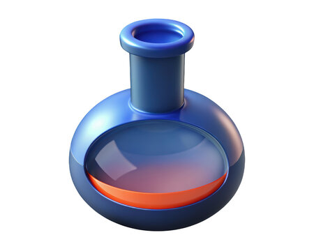 Blue round bottom flask with orange liquid for scientific experiments and research 3d illustration isolated on transparent background