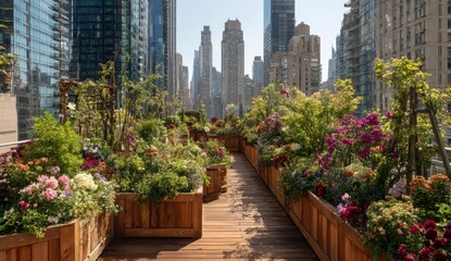 Urban rooftop garden with vibrant flowers and greenery