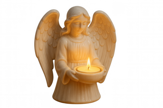 Angel holding single lit candle offering symbolic light, hope, peace, and spiritual comfort, transparent background