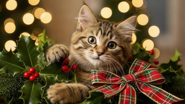 Adorable kitten peeking from festive Christmas holly and red plaid ribbon with bokeh lights