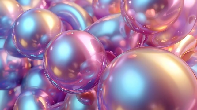 A close-up, abstract view of a collection of iridescent, spherical objects with a pearlescent sheen, reflecting light in shades of pink, purple, and blue.