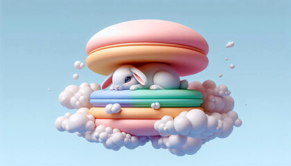 A rabbit curled up inside a giant pastel macaron floating in the clouds.