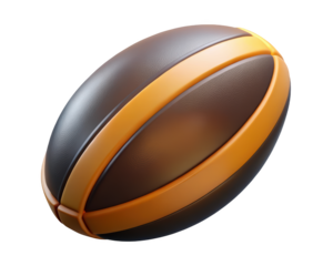 Brown rugby ball with golden stripes sport equipment close up design3d illustration isolated on transparent background