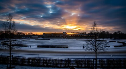 Winter Sunset Over a Snow-Covered Racecourse with Dramatic Sky.
