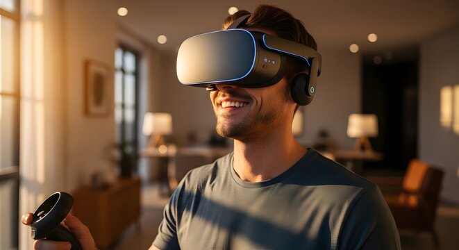 A smiling man wearing a virtual reality headset and holding a controller in a bright room.