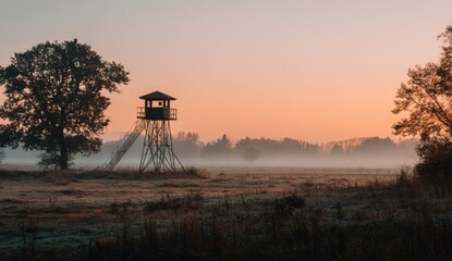 Misty sunrise over a field with a wooden observation tower