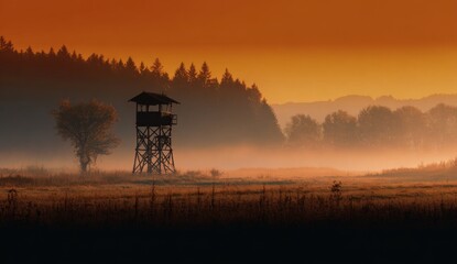 Sunrise over a misty meadow with a hunting tower