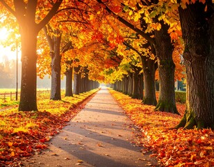 Autumnal path lined with vibrant trees