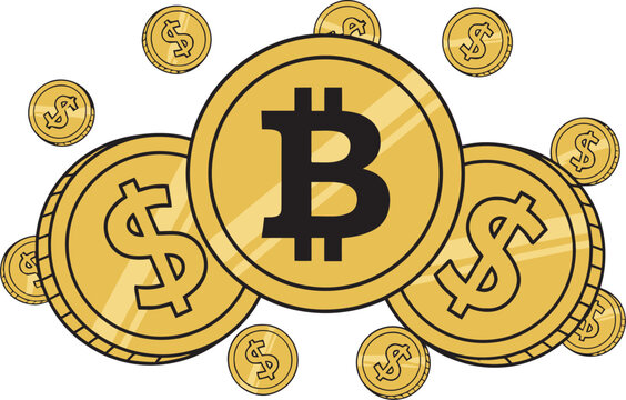 Bitcoin and dollar coins intermingled, illustrating cryptocurrency and traditional finance.
