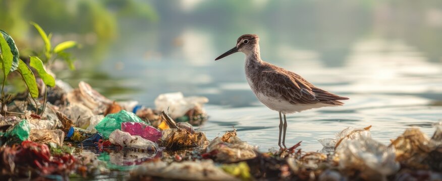 The sandpiper wading among plastic pollution along a contaminated shoreline at sunrise