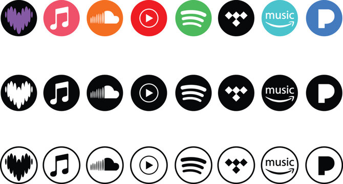 Spotify, Apple music,  Amazon Music, Tidal, Pandora, Deezer, Soundcloud, Shazam - Music apps and services logo collection on a transparent background.

