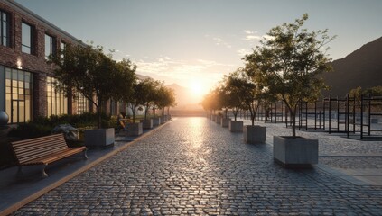 Urban walkway at sunrise