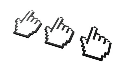 Three pixelated hand cursors isolated on transparent background