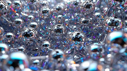 A macro photograph captures a dense cluster of shimmering, reflective spheres, creating a mesmerizing, abstract pattern of light and texture.