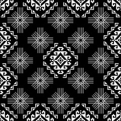 Ethnic black and white geometric ornament tribal fabric patterns, embroidery texture