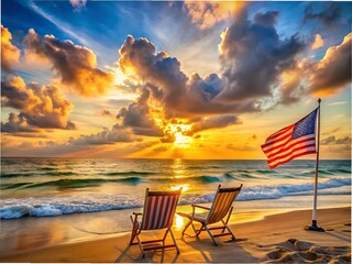 Two chairs and american flag on the beach at sunset