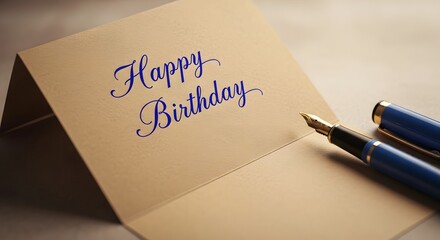 Open Birthday Card with Happy Birthday Message and Elegant Fountain Pen Beige Card Blue Cursive Font Personal Celebration