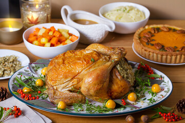 Celebration of Thanksgiving Day. Roasted chicken or turkey, mashed potatoes, vegetables and pumpkin pie