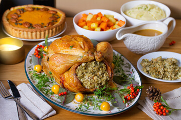 Celebration of Thanksgiving Day. Roasted chicken or turkey, mashed potatoes, vegetables and pumpkin pie