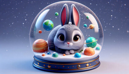 A rabbit curled up inside a snow globe filled with planets.