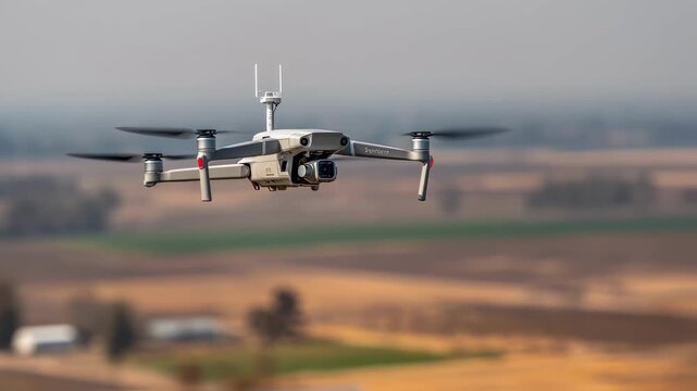 Medium shot of an aerial mapping drone capturing detailed farmland layouts drone crisp and clear against a blurred patchwork of farmland below.