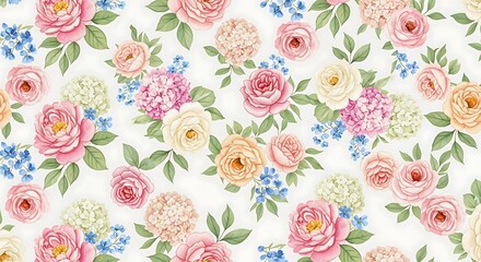 Watercolor Roses Floral Pattern Seamless Design.