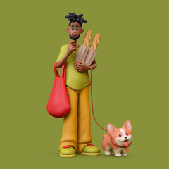 3d rendering of stylized thoughtful bearded african guy holding red shopping bag, paper bag with baguettes, standing touches chin with hand thinking and holds a corgi dog on leash on green background.