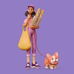 3d rendering of stylized thoughtful brazilian brunette girl holding shopping bag, paper bag with baguettes, standing touches chin with hand thinking and holds corgi dog on a leash on violet background