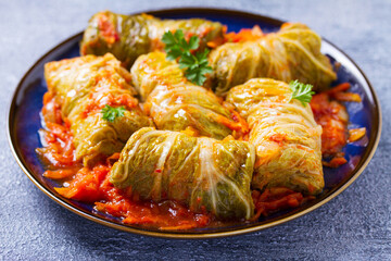 Stuffed cabbage leaves. Cabbage wraps. Chou farci, dolma, sarma, golubtsy or golabki