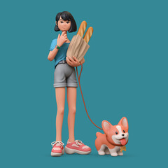 3d rendering of stylized thoughtful asian brunette teen girl in t-shirt, shorts holding paper bag with baguettes, standing touches chin with hand thinking, holds corgi dog on leash on blue background.