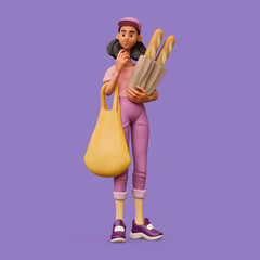3d rendering of stylized thoughtful brazilian brunette girl in casual fashion clothes holding yellow shopping bag, paper bag with baguettes, standing touches chin with hand thinking, violet background